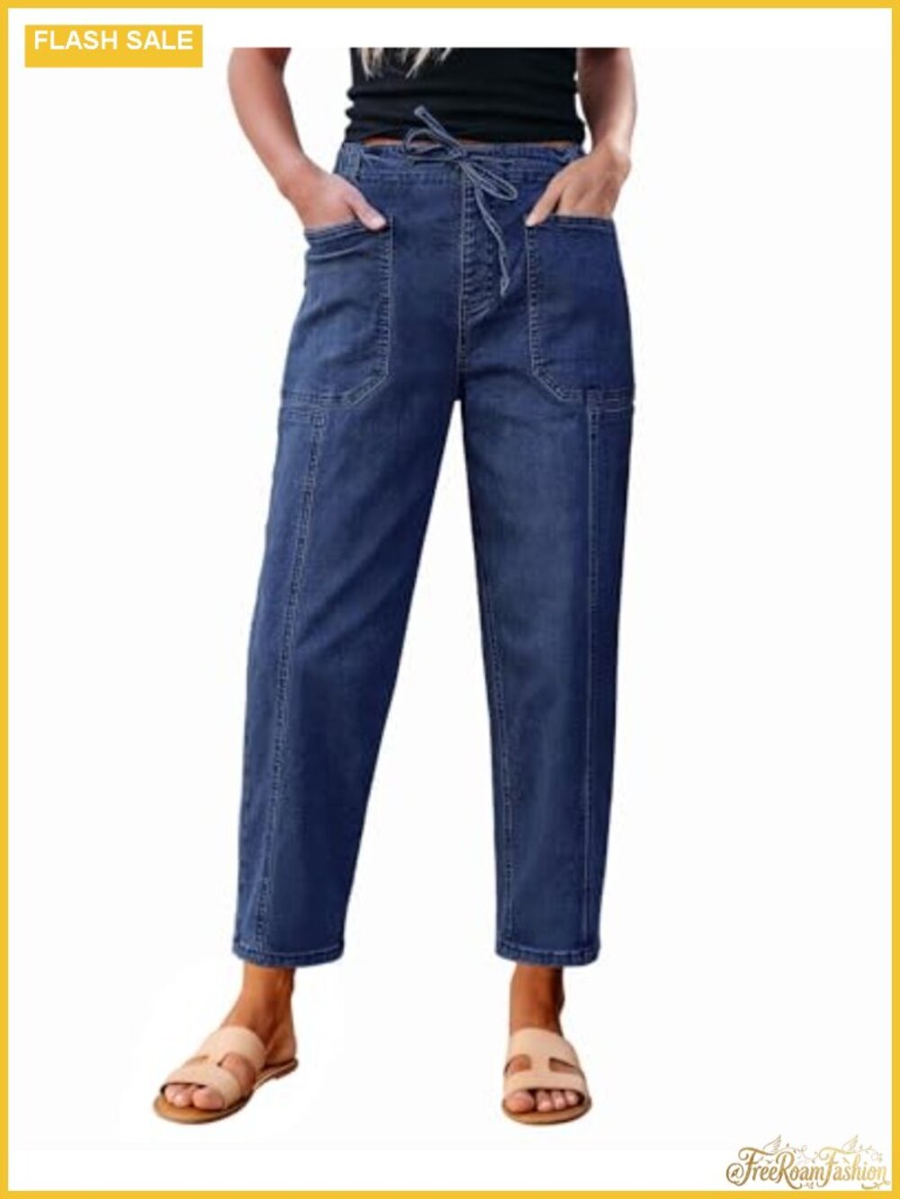 High Waisted Barrel Jeans Women Stretchy Baggy Drawstring Denim Pants with